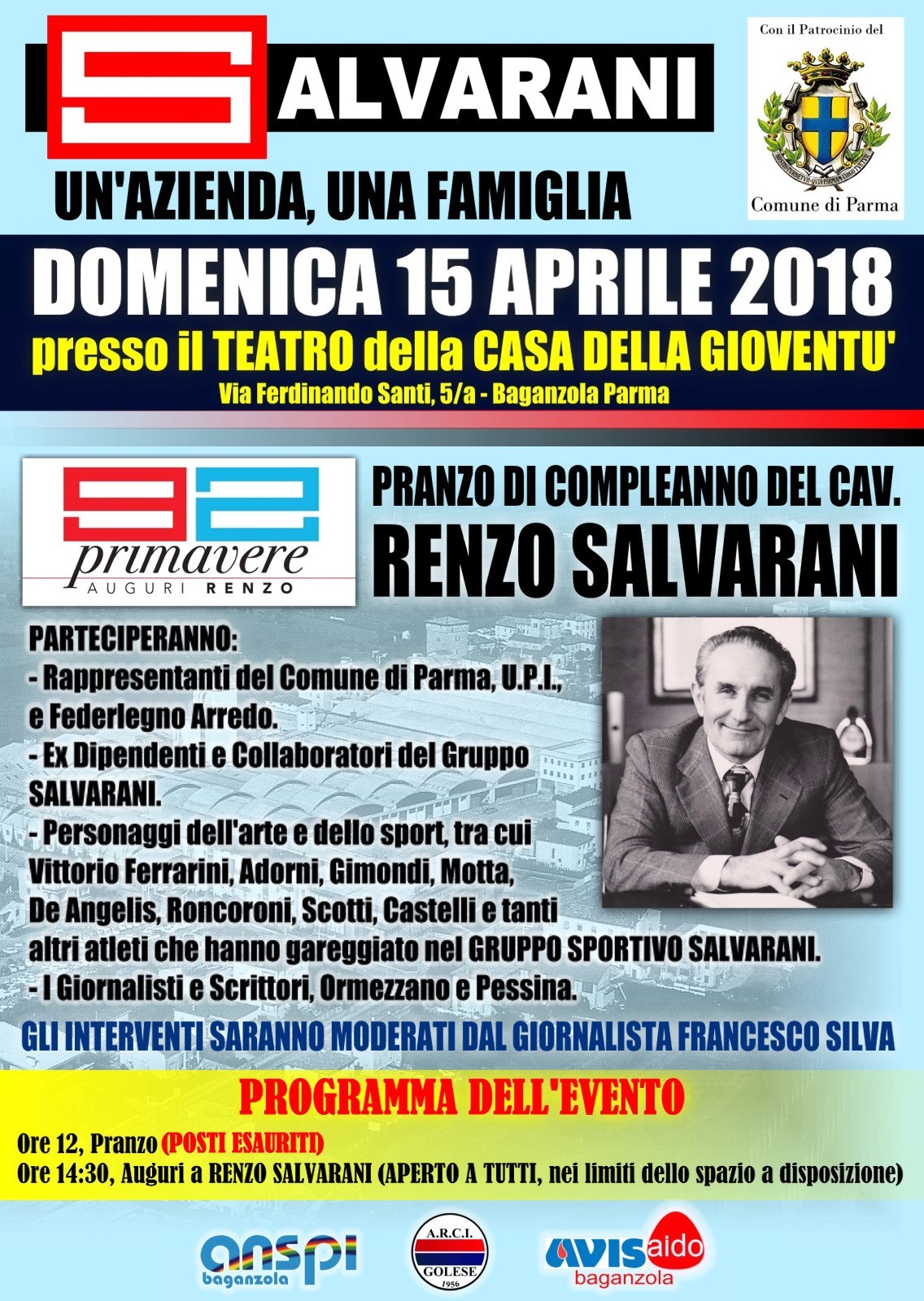 Festa per il 92° compleanno di Renzo Salvarani, un uomo che ha fatto la storia di Parma