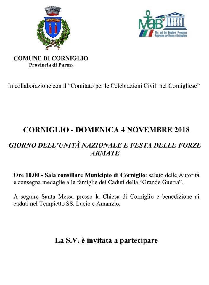 4 novembre GIORNO DELL’UNITÀ NAZIONALE E FESTA DELLE FORZE  ARMATE  a Corniglio