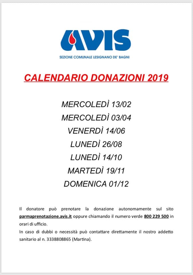 Calendario donazioni Avis Lesignano Dé Bagni