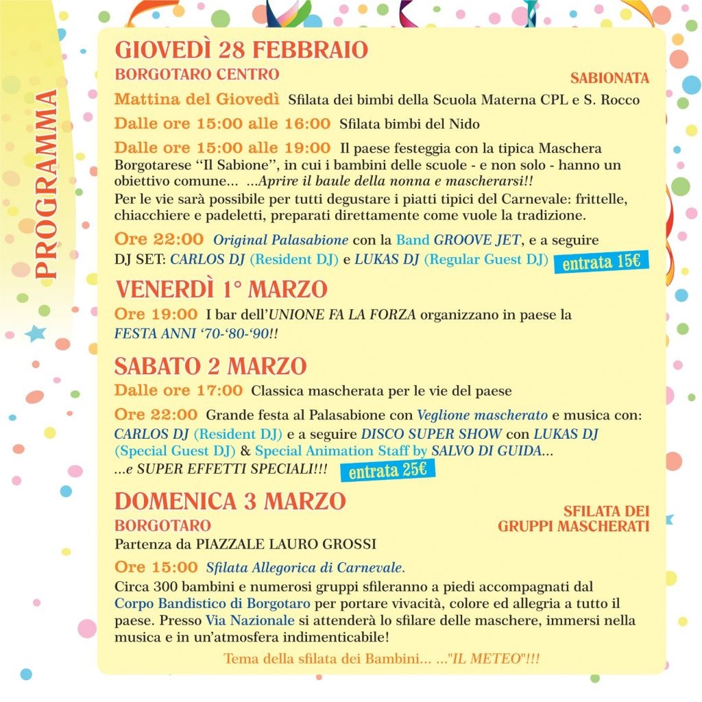 Carnevale a Borgotaro, programma dal 28 febbraio al 3 marzo