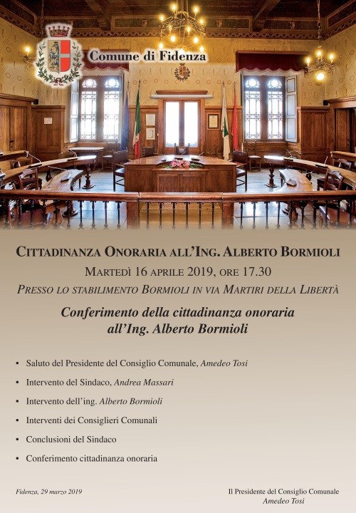 Cerimonia di conferimento della cittadinanza onoraria all'Ing. Alberto Bormioli,