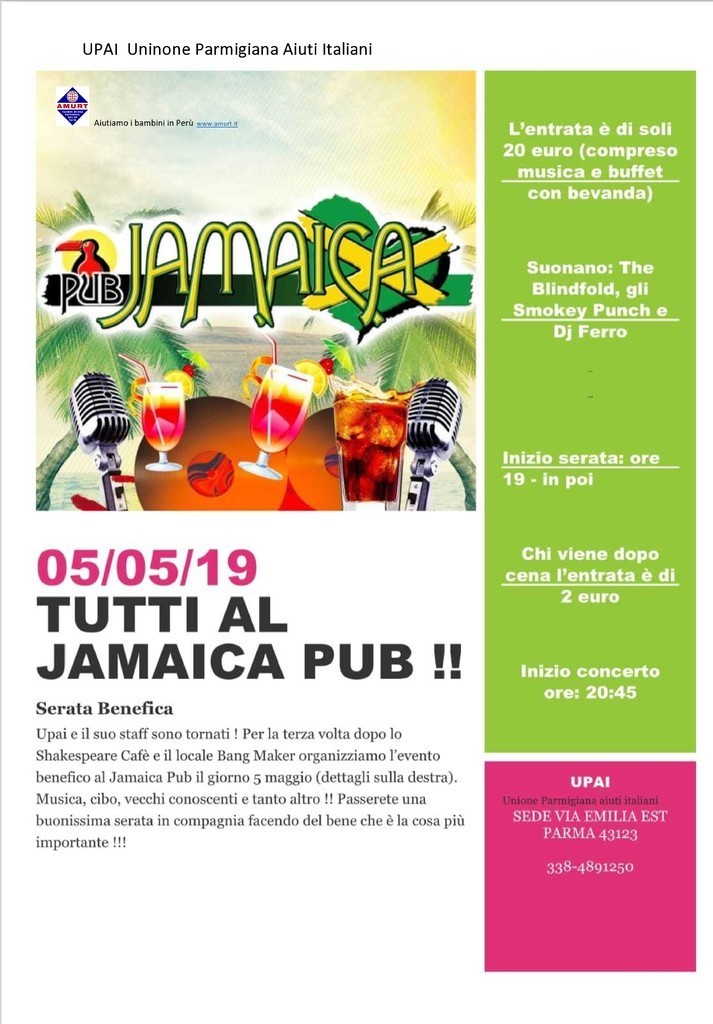 Tutti al Jamaica Pub! Il 5 maggio serata benefica proposta da Amurt e Upai