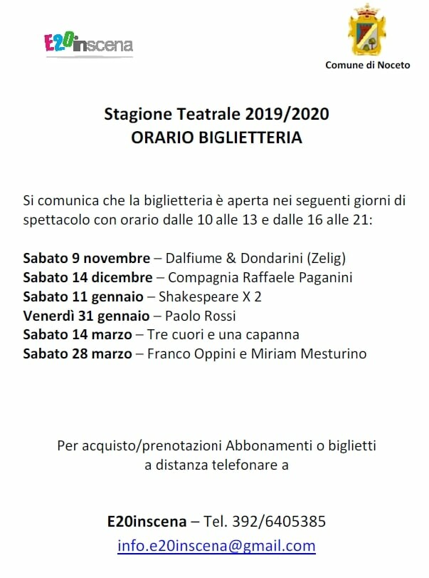 Teatro Moruzzi  a NOCETO:  Stagione Teatrale 2019/2020: orari biglietteria