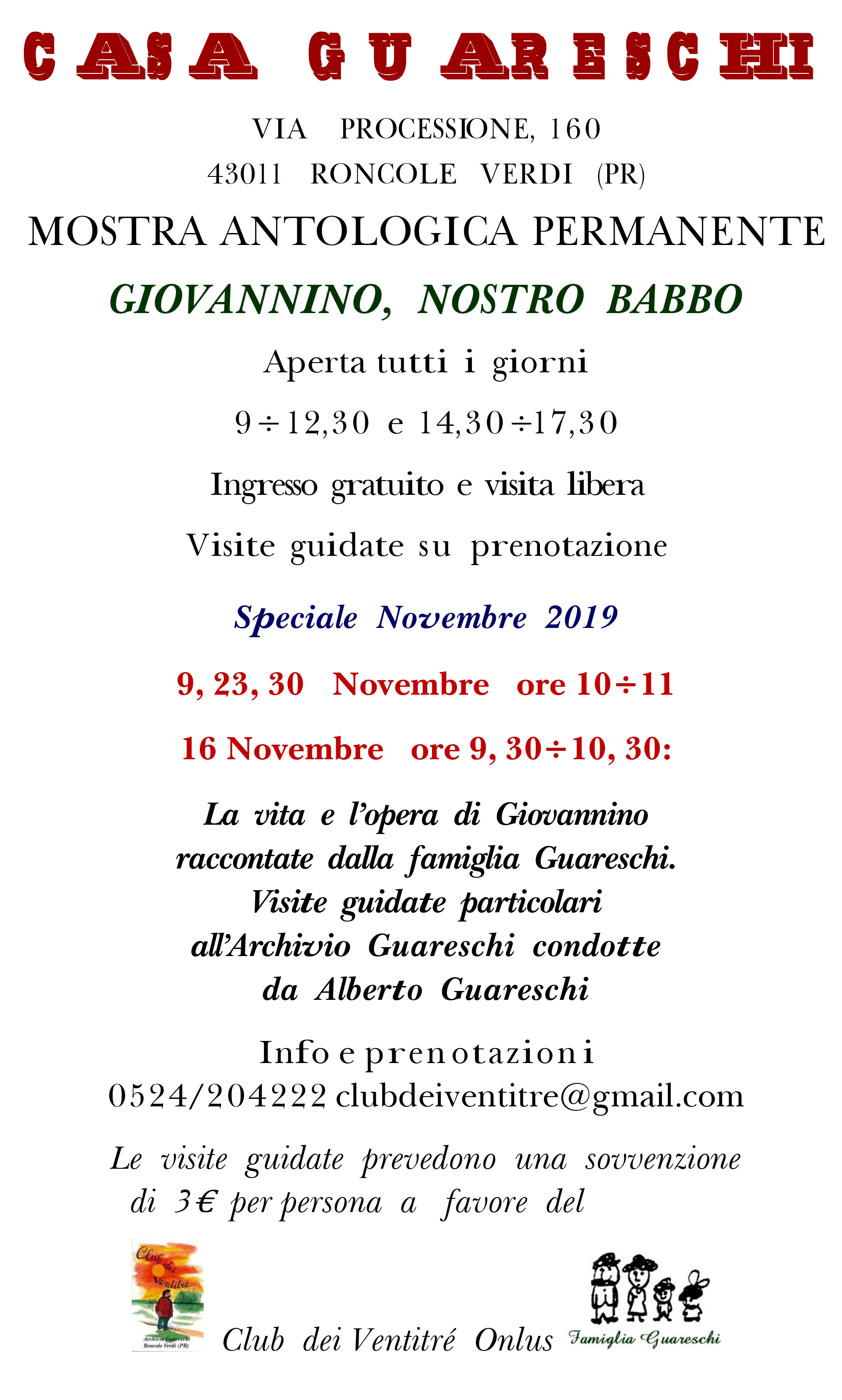 «Vita e opera di Giovannino raccontate dalla famiglia Guareschi»con visite guidate all'Archivio Guareschi condotte da Alberto Guareschi