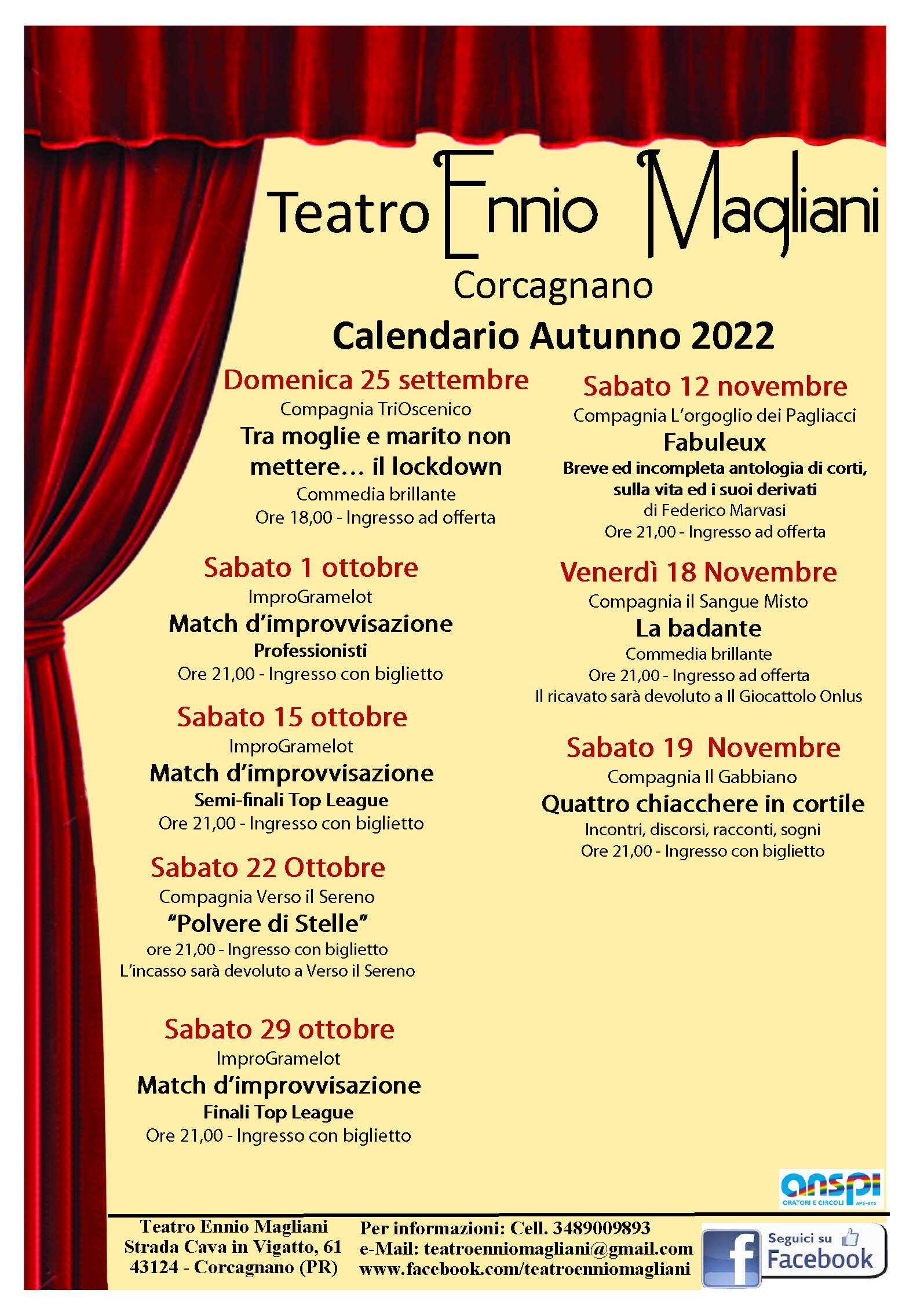 Teatro Ennio Magliani: calendario autunno 2022