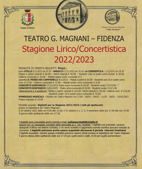Teatro Magnani di Fidenza: stagione lirica concertistica 2022-2023: acquisto biglietti