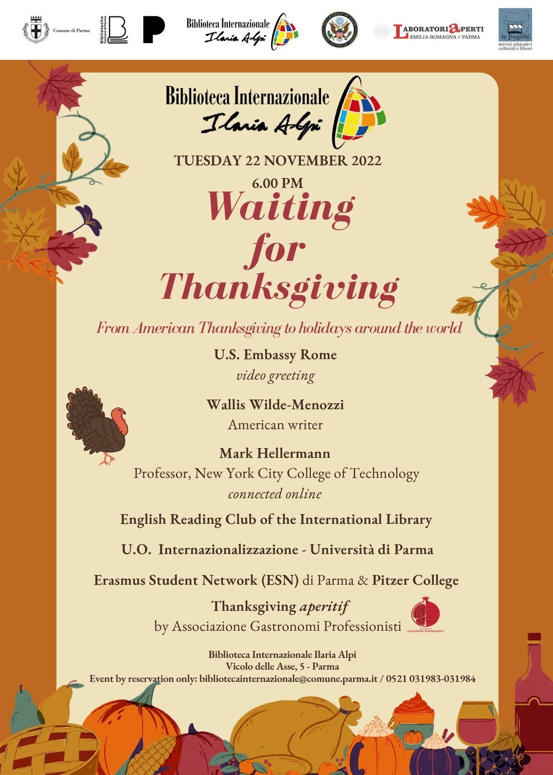 "​Waiting for Thanksgiving 2022 - From American Thanksgiving to holidays around the world" alla Biblioteca Ilaria Alpi
