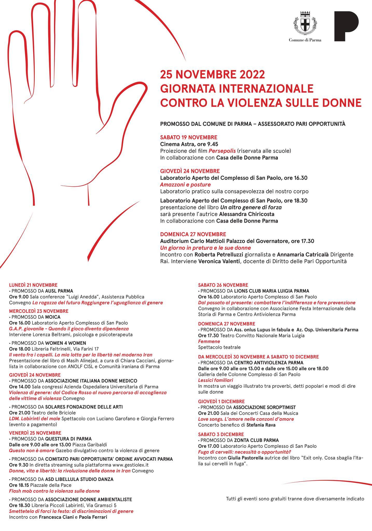 25 NOVEMBRE GIORNATA INTERNAZIONALE  CONTRO LA VIOLENZA SULLE DONNE  a Parma