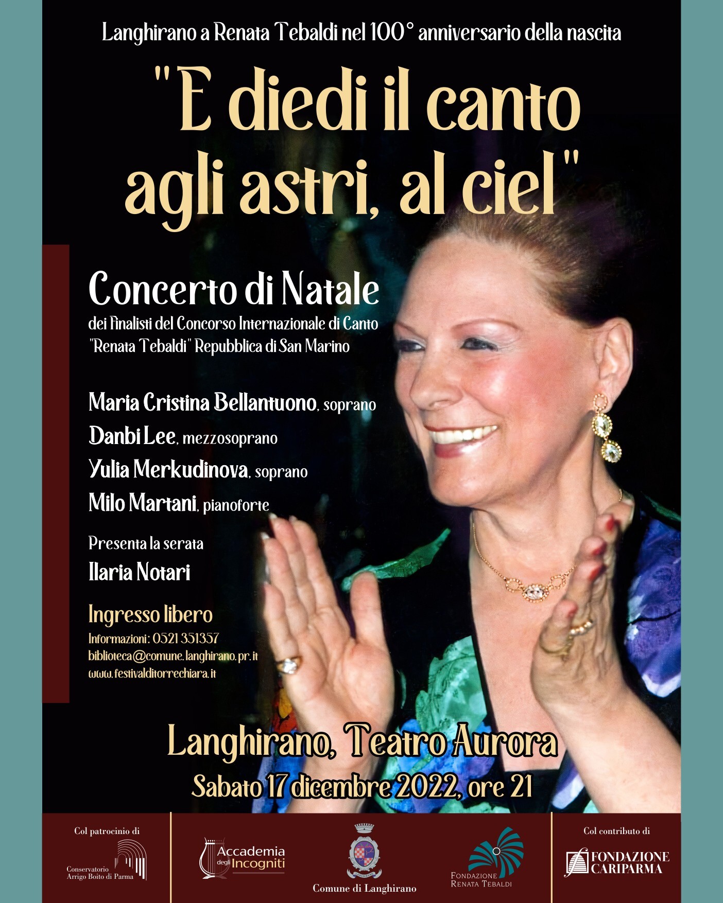 "E DIEDI IL CANTO AGLI ASTRI, AL CIEL" Langhirano a Renata Tebaldi nel 100° anniversario della nascita  Concerto di Natale