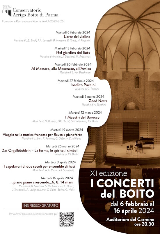 I CONCERTI DEL BOITO 2024 - XI Edizione  Dal 6 febbraio al 16 aprile 2024, dieci appuntamenti con la musica nell’Auditorium del Carmine.